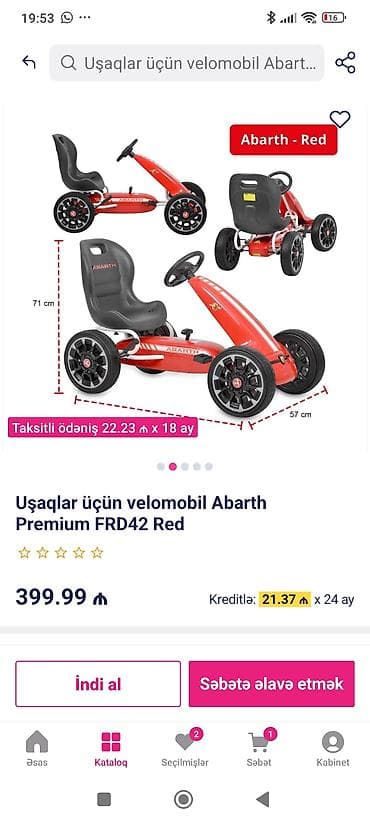 Uşaqlar üçün digər mallar: Uşaqlar üçün velomobil Abarth Premium FRD42 Red Demek olarki istifade — 1