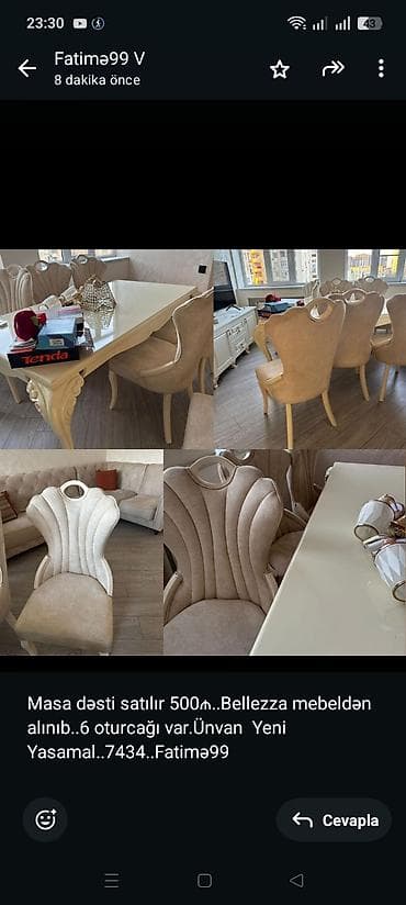 Masa dəsti satılır 500₼. Bellezza mebeldən alınıb. 6 oturcağı