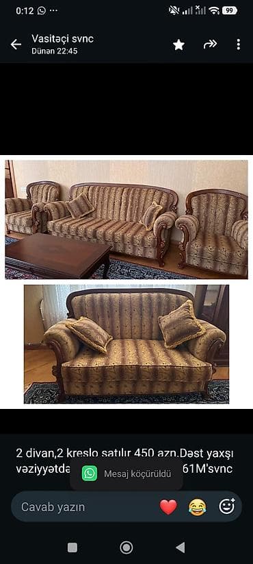 qaz satilir: 2 divan,2 kreslo satılır 450 azn.Dəst yaxşı — 1