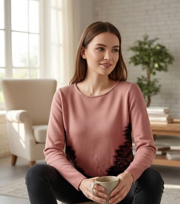 трикотажные женские кофты: Qadın bluzu - Rəng: Pudra/çəhrayı - Uzunqol, yumru yaxalı dizayn - — 1