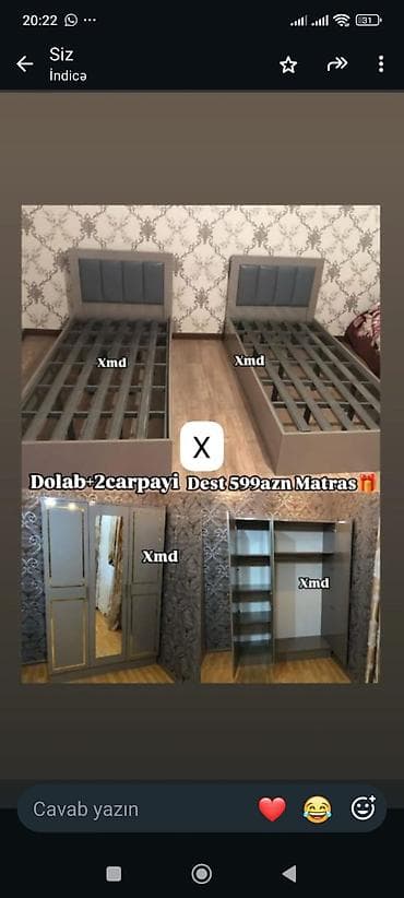 tek dolablar: Uşaq/yeniyetmə otağı üçün mebel dəsti: - 2 ədəd tək çarpayı – yumşaq — 1