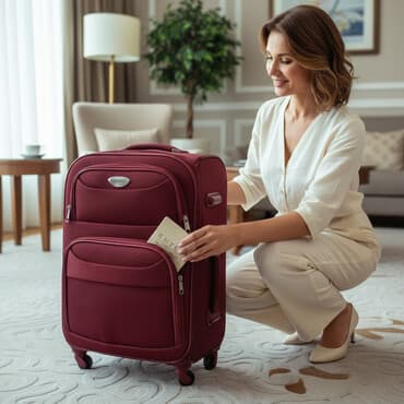 camadan: Dörd təkərli tünd qırmızı rəngdə səyahət çamadanı. Geniş əşyalar — 1