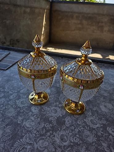 suse qab: Qapaqlı bəzəkli konfet qabları (2 ədəd) - Material: Şüşə və metal — 1