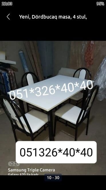 Masa və oturacaq dəstləri: Mətbəx üçün, Yeni, Açılmayan, Dördbucaq masa, 4 stul — 10