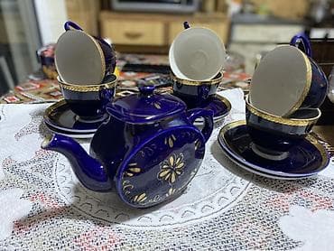 Çay dəsti, rəng - Göy, Farfor, 6 nəfərlik