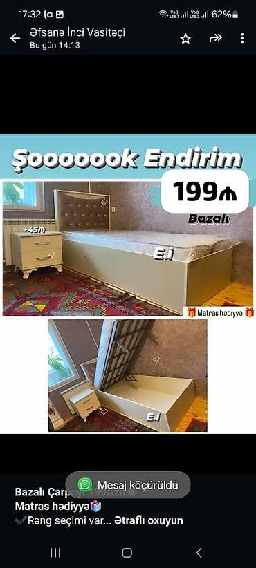 Мебель на заказ: *Bazalı Çarpayı 199Azn💥* *Matras hədiyyə🎁* ✔️Rəng seçimi var Ölçü — 1