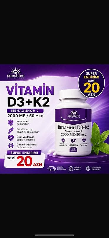 Sunshine Nutrition Vitamin D3+K2 (Menaxinon-7) – 2000 ME / 50 mkq -