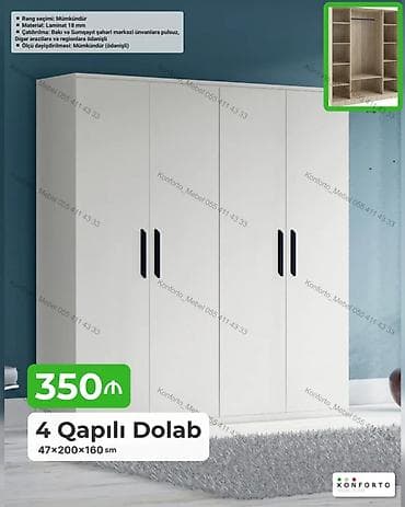 4 qapılı dolab – 47×200×160 sm - Material: 18 mm laminat - Rəng — 1