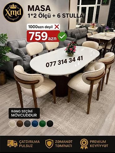 bar oturacaqlari: Masa dəsti – 1×2 m ölçülü oval masa + 6 stul - Modern dizayn: parlaq — 1