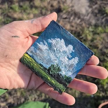 Velosiped ehtiyyat hissələri: Miniatür akril boya tablo – açıq səma və çəmənlik mənzərəsi - — 2