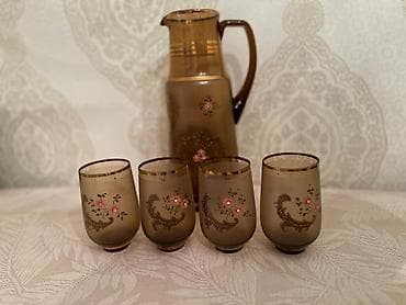 bal satisi: Qızılı naxışlı şüşə sürahi və stəkan dəsti - Dəst: 1 ədəd sürahi + 4 — 1