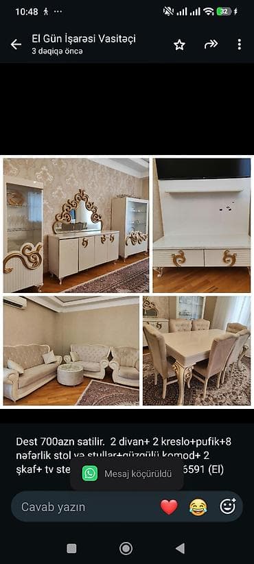 Dest 700azn satilir. 2 divan+ 2 kreslo+pufik+8 nəfərlik stol və — 1