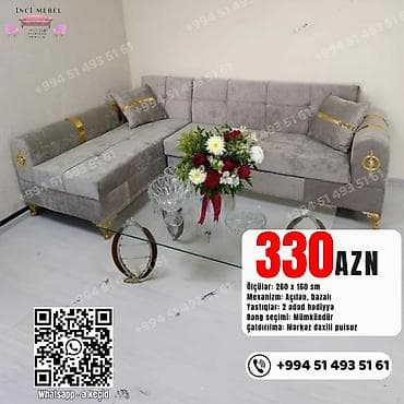 Künc divan dəsti - Ölçü: 260 x 160 sm - Mexanizm: Açılan, bazalı