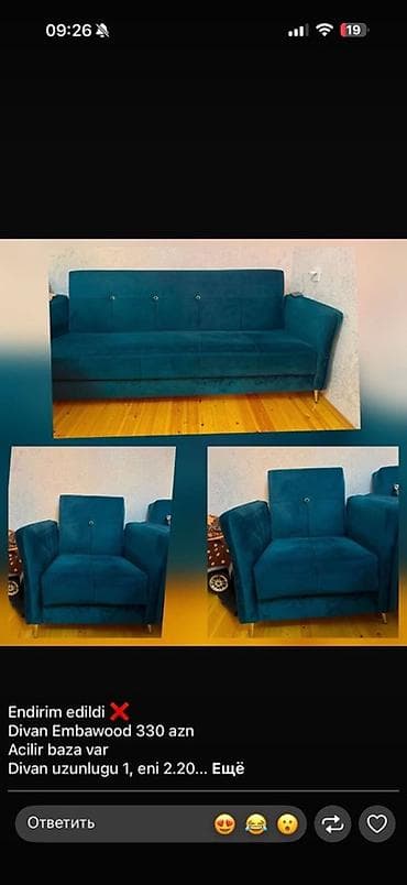 tap az kunc divanlar: Embawood dəst – divan və iki kreslo - Parça material: yumşaq məxməri — 1