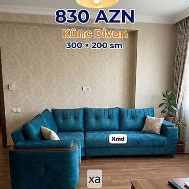 Künc divan – 300 × 200 sm - Rəng: firuzə/mavi ton - Forma: L-şəkilli