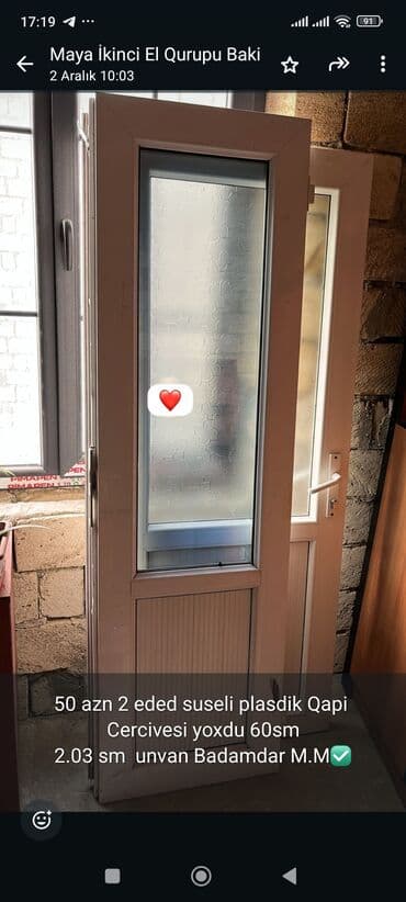 Santexnika: Məhsul: Şüşəli plastik qapı dəsti - Miqdarı: 2 ədəd - Material — 1