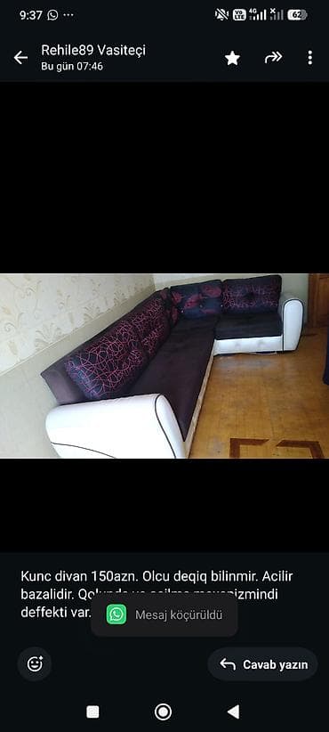 rəhil: Kunc divan 150azn. Olcu deqiq bilinmir. Acilir bazalidir. Qolunda ve — 1