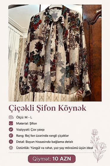 dini geyim: Çiçəkli Şifon Köynək - Ölçü: M–L - Material: Şifon - Rəng: Bej fon — 1