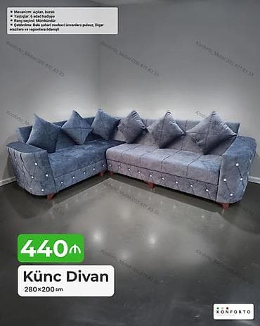 Künc divan – 280×200 sm - Mexanizm: açılan, bazalı (yataq funksiyası