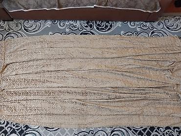 ucuz tül perde: Qızılı-bej rəngdə naxışlı pərdə dəsti - Material: yumşaq, məxməri — 2