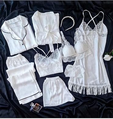 Qadın geyimləri: Ağ rəngli qadın lingerie və pijama seti – 8 parçalı Tərkib və — 1