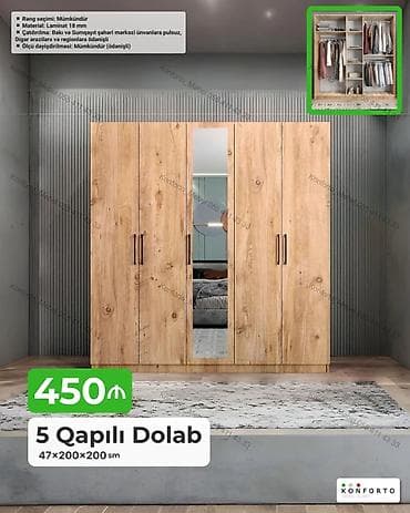 5 qapılı geyim dolabı Ölçü: 47×200×200 sm Material: 18 mm laminat