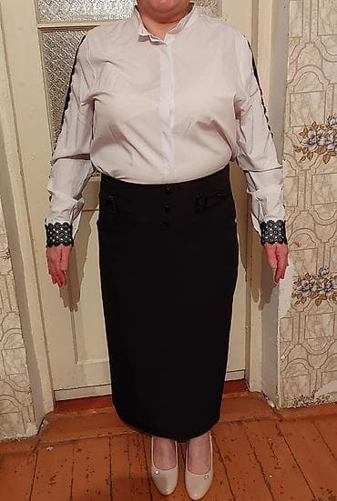 kətan şalvar qadın: Qadın üçün klassik dəst – ağ köynək və qara ətək - Köynək: ağ rəngdə — 1