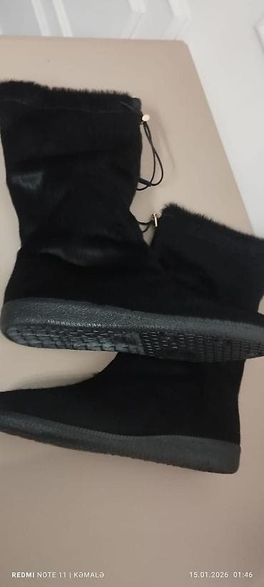 qadın çəkmələri: Qadın qış çəkməsi – qara rəng - Material: tüklü (saçaqlı effektli) üst — 6