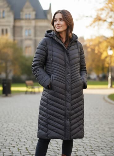 endirimli qadın geyimleri: Qadınlar üçün uzun qışlıq pufik kurtka - Rəng: tünd göy (lacivərd) - — 1
