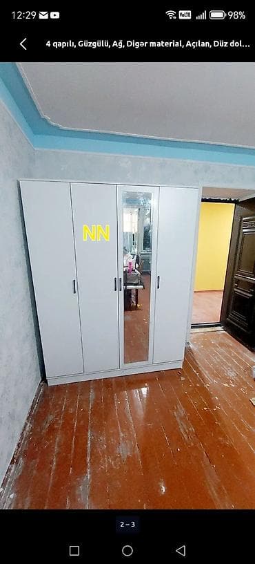 Yeni, 4 qapılı, Güzgülü, Ağ, Açılan, Düz dolab
