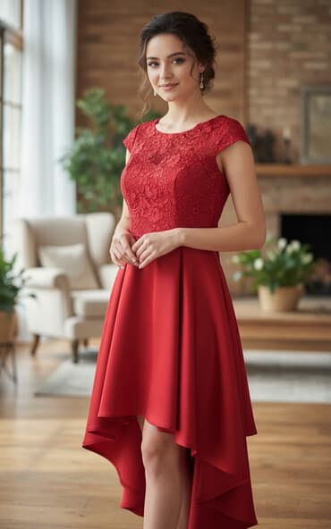 bərbər qayçı: Qırmızı zərif ziyafət/nişan donu - Parlaq qırmızı rəngdə, qatlı — 1