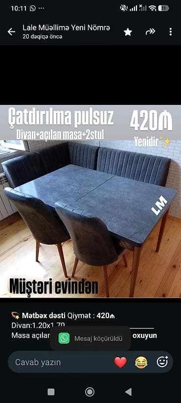 divan satisi: 💫 *Mətbəx dəsti* Qiymət : *420₼* Divan:1.20x1.70 — 1