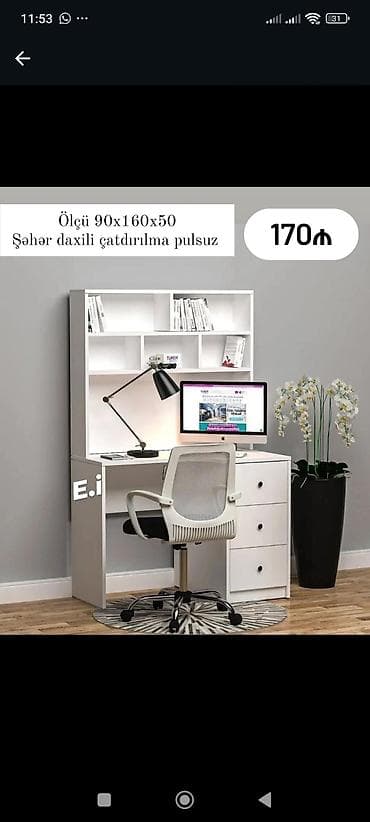 oturaca: Ağ rəngli yazı/iş masası və üst şkaf modulu - Ölçü: 90 x 160 x 50 sm — 1