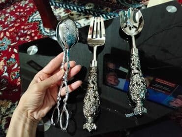 Zərif naxışlı metal salat dəsti - 3 hissədən ibarət: salat qaşığı