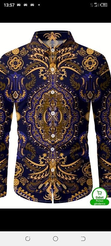 Qadın geyimləri: Kişi köynəyi – uzunqol, düymələnən model. Tünd lacivərt fon üzərində — 1