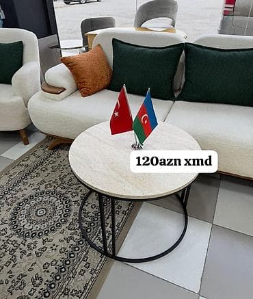 divan masası: Dairəvi sehpə/çay masası - Üst səth: açıq bej rəngli, daş teksturalı — 1