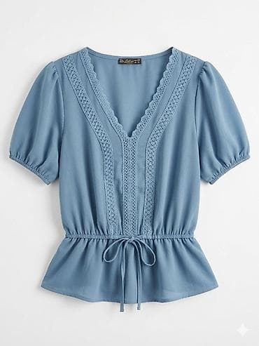 Mavi qadın bluzası - Zərif dizaynlı, V formalı dekolte - Dekoltənin — 1