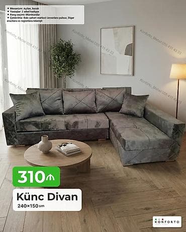 Künc Divan – 240×150 sm - Mexanizm: açılan, bazalı (yataq funksiyalı lalafo.az -da Künc Divan – 240×150 sm - Mexanizm: açılan, bazalı (yataq funksiyalı