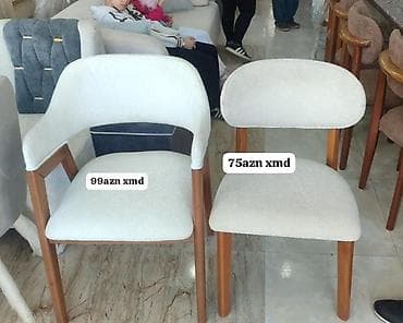 Ağ rəngli yumşaq toxumalı oturacaqlı taxta stullar. Model 1 (solda)