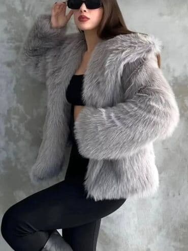 BMW: Boz rəngli süni xəz qadın pencəyi - Model: qısa kəsim, rahat — 1