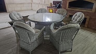 stular: Rattan yemək dəsti – 1 yuvarlaq şüşə stol + 6 kreslo - Dizayn: Təbii — 1