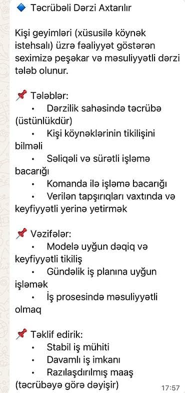 dərzi iş: Peşəkar dərzi vakansiyası – kişi geyimləri (xüsusilə köynək istehsalı) — 1