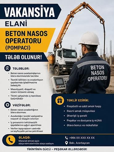 santexnik vakansiya: Beton, monolit ustası tələb olunur, 1-2 illik təcrübə, Növbəli qrafik, Aylıq ödəniş — 1