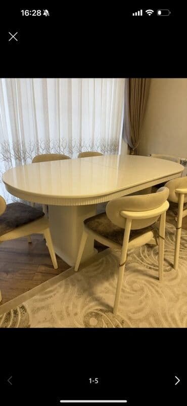 demir taxt: Ağ rəngdə yemək otağı dəsti - Oval formalı, cilalı üstlü masa — 1