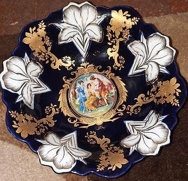 xonca aksesuarları: Kobalt-mavi rəngdə porselen meyvə/şirniyyat vazası (pedestal qab) — 1