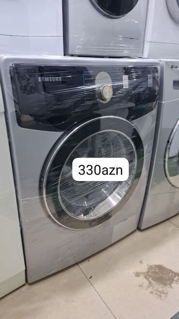 toxuma maşını: Samsung paltaryuyan maşın – ön yükləməli, gümüşü gövdə, böyük şəffaf — 1