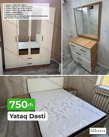 komodlar: Yataq Dəsti – 750₼ Komplekt: - Çarpayı: 1 ədəd, 160 × 200 sm - Dolab — 1
