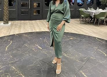 Zərif ziyafət donu - Rəng: zeytun-yaşıl, atlas parıltılı toxuma - — 4