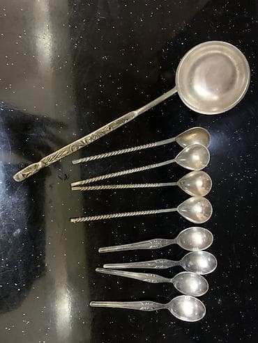 sap: Vintage metal çəngəl və qaşıq dəsti - Material: metal (gümüşü rəng — 7