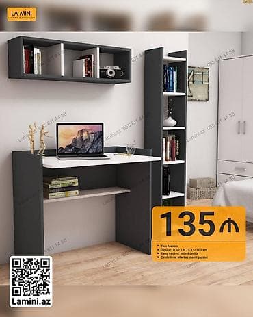 masa ders: Yazı masası və divar rəfi dəsti - Ölçülər: D 50 × H 75 × U 100 sm - — 1
